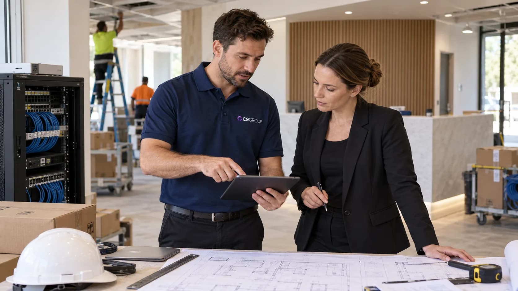 C9 GROUP staff member planning new site technology requirements with a project manager