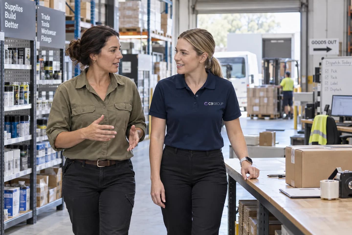 Business operations manager and C9 GROUP consultant discussing workflow at a trade-supply warehouse