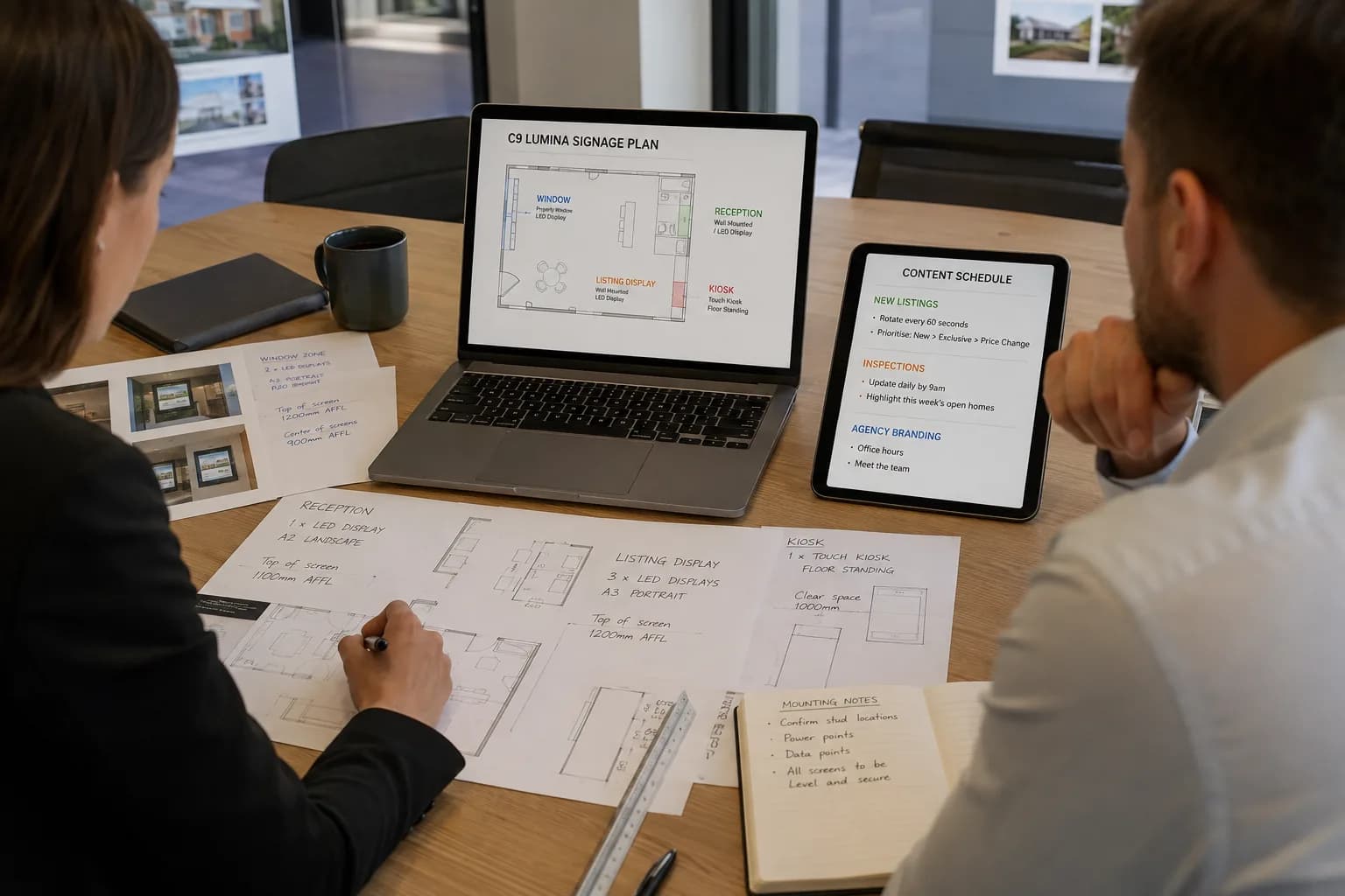 Agency staff planning property display content and presentation at a desk