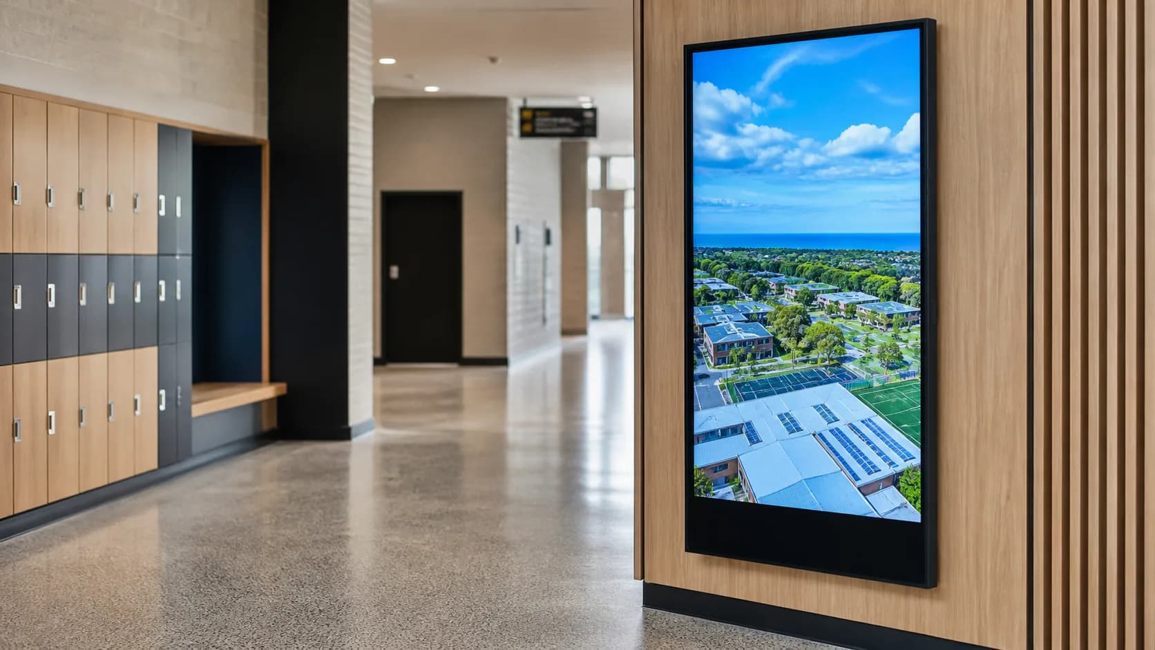 Vertical commercial display running inside an Australian college hall