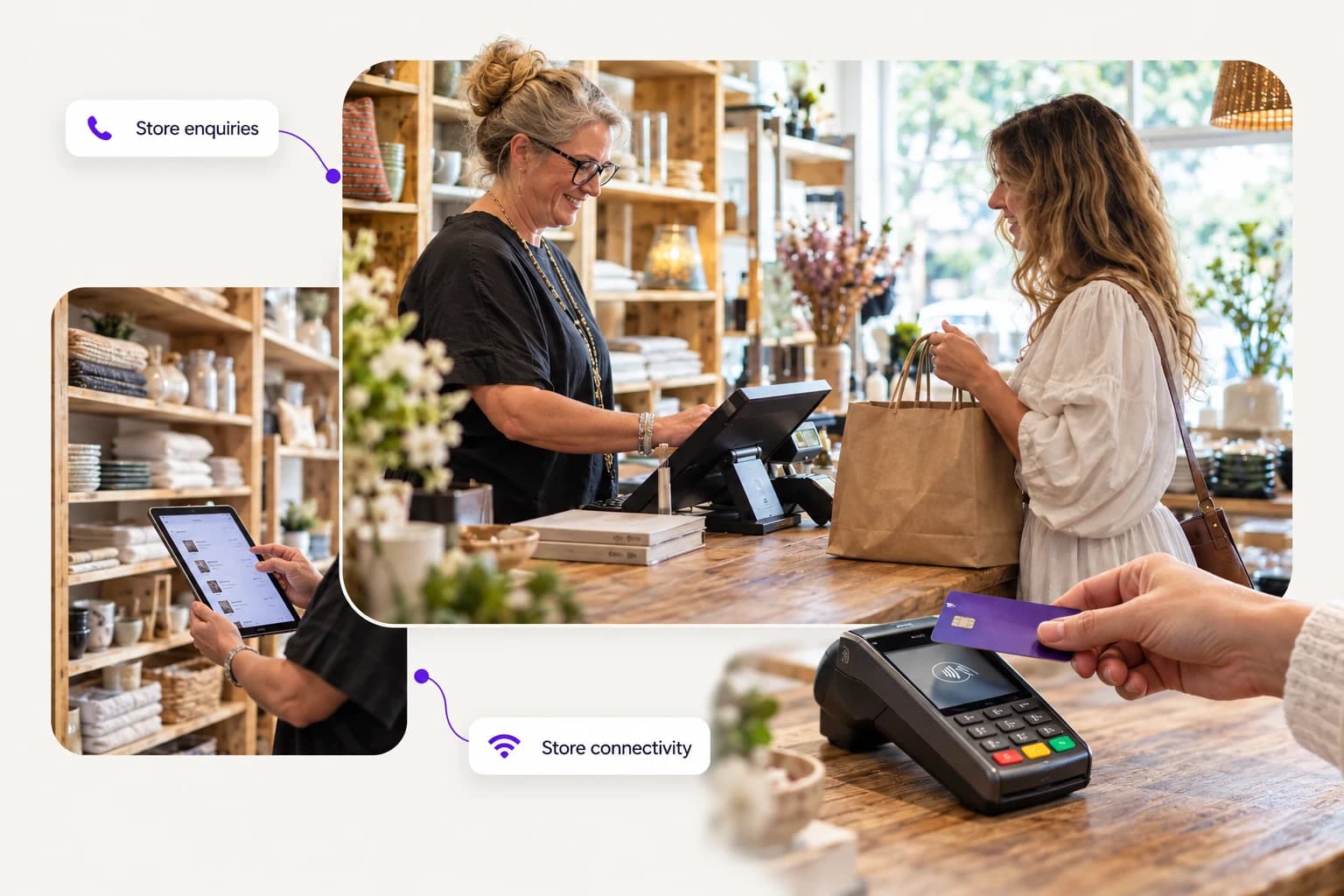 Illustrative retail service composition: a homewares owner serving a customer, a stock tablet and EFTPOS terminal, connected with store enquiry and connectivity labels