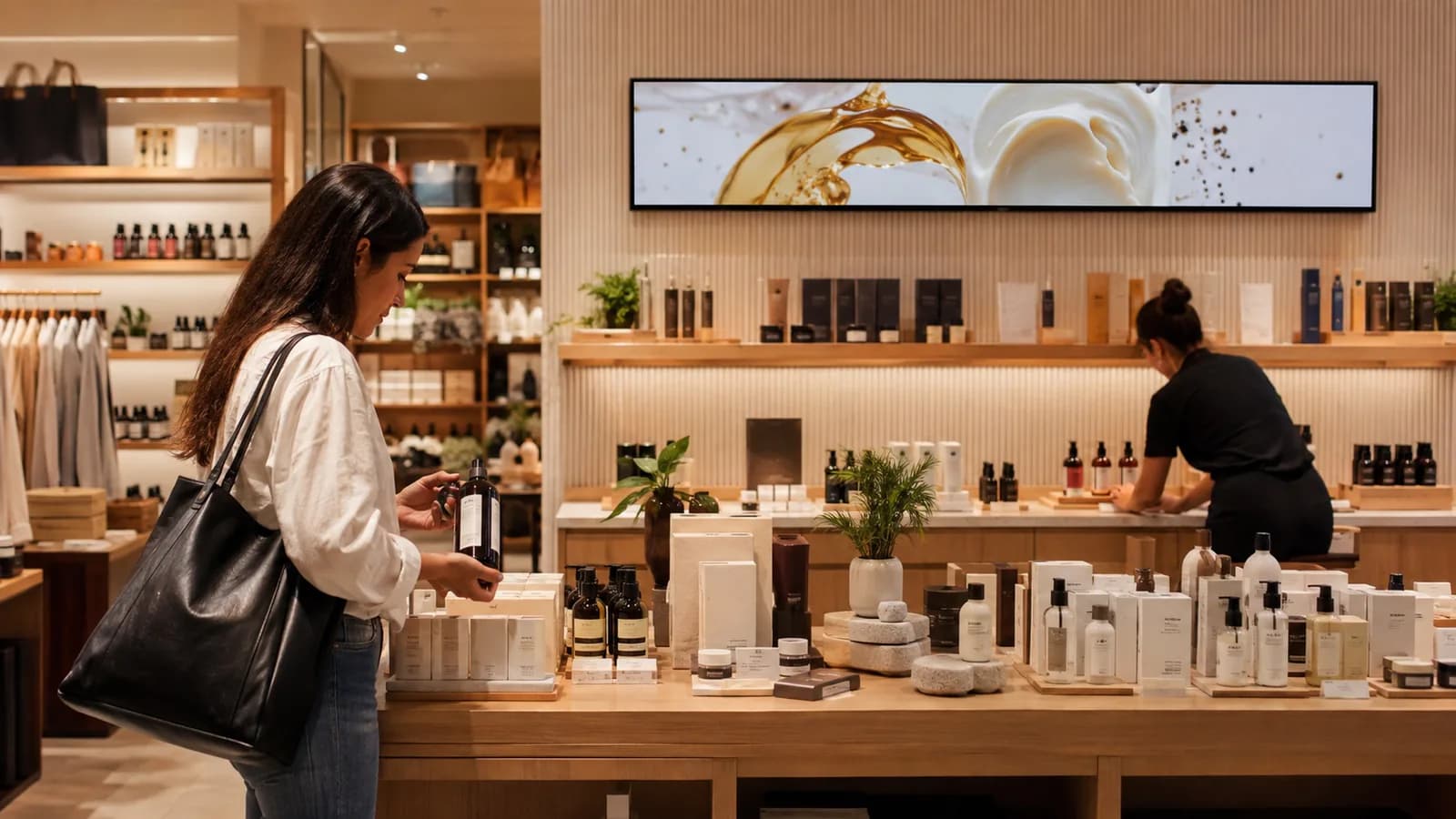 A promotional display installed above products in a retail shop