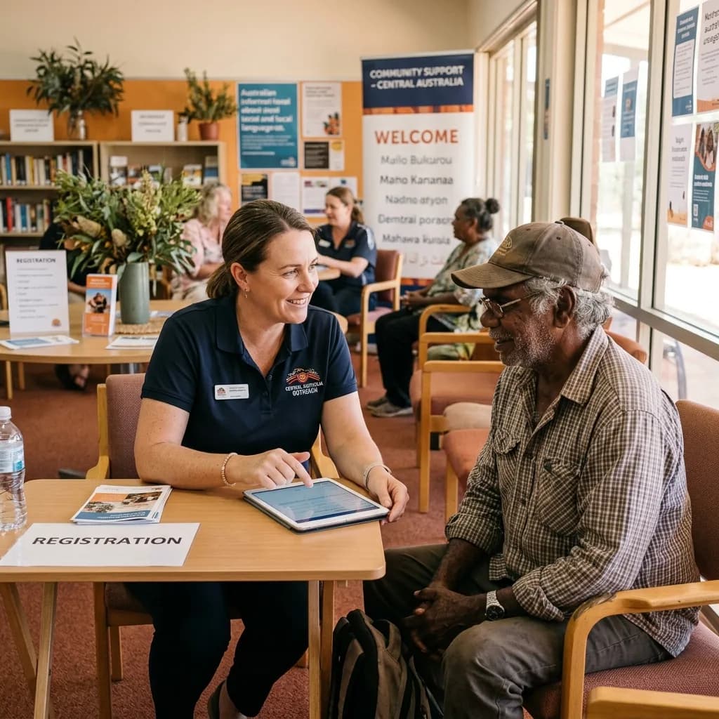 A community worker helping a visitor at a local service centre